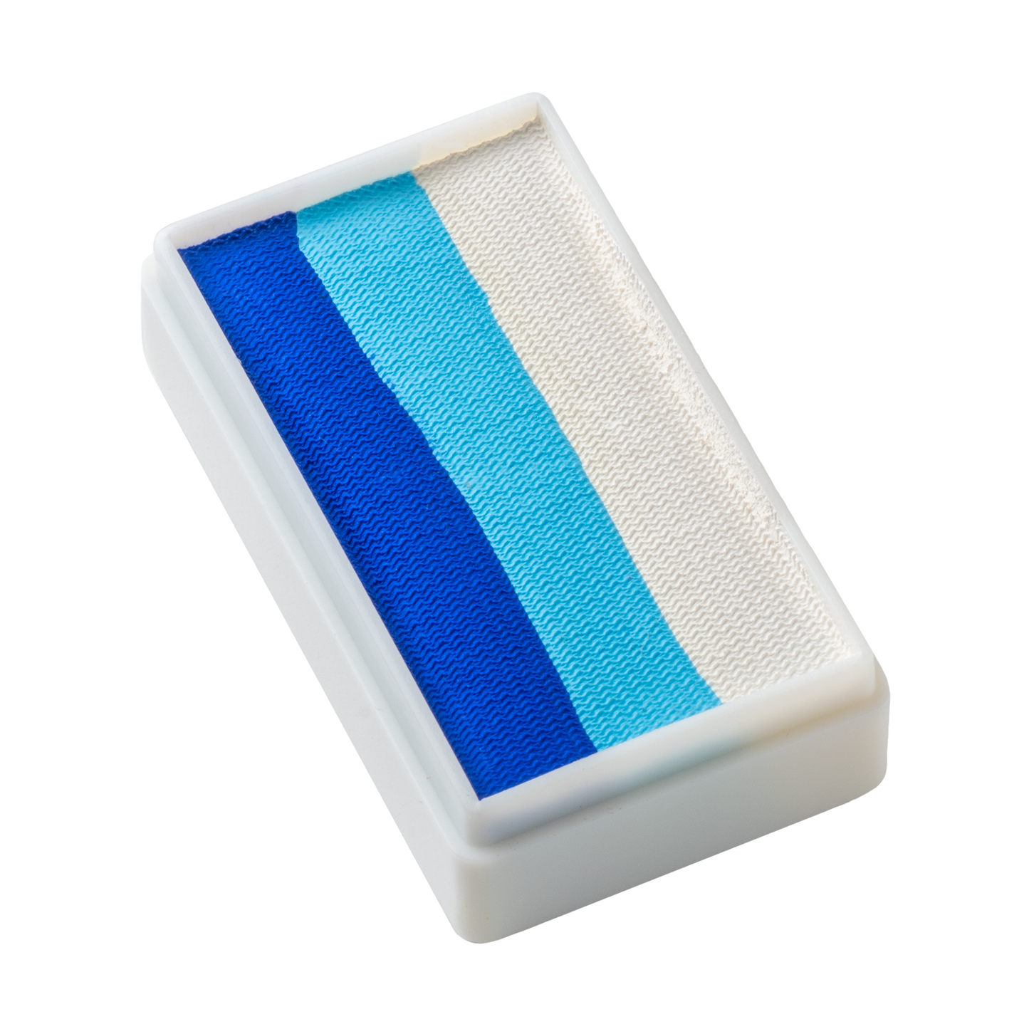 A small, rectangular white box holds three strips of fabric in blue, light blue, and white colors. (Face Paint & Body Paint Aqua Tag - Blue Bird (One Stroke) 30g by Infinityfaces).