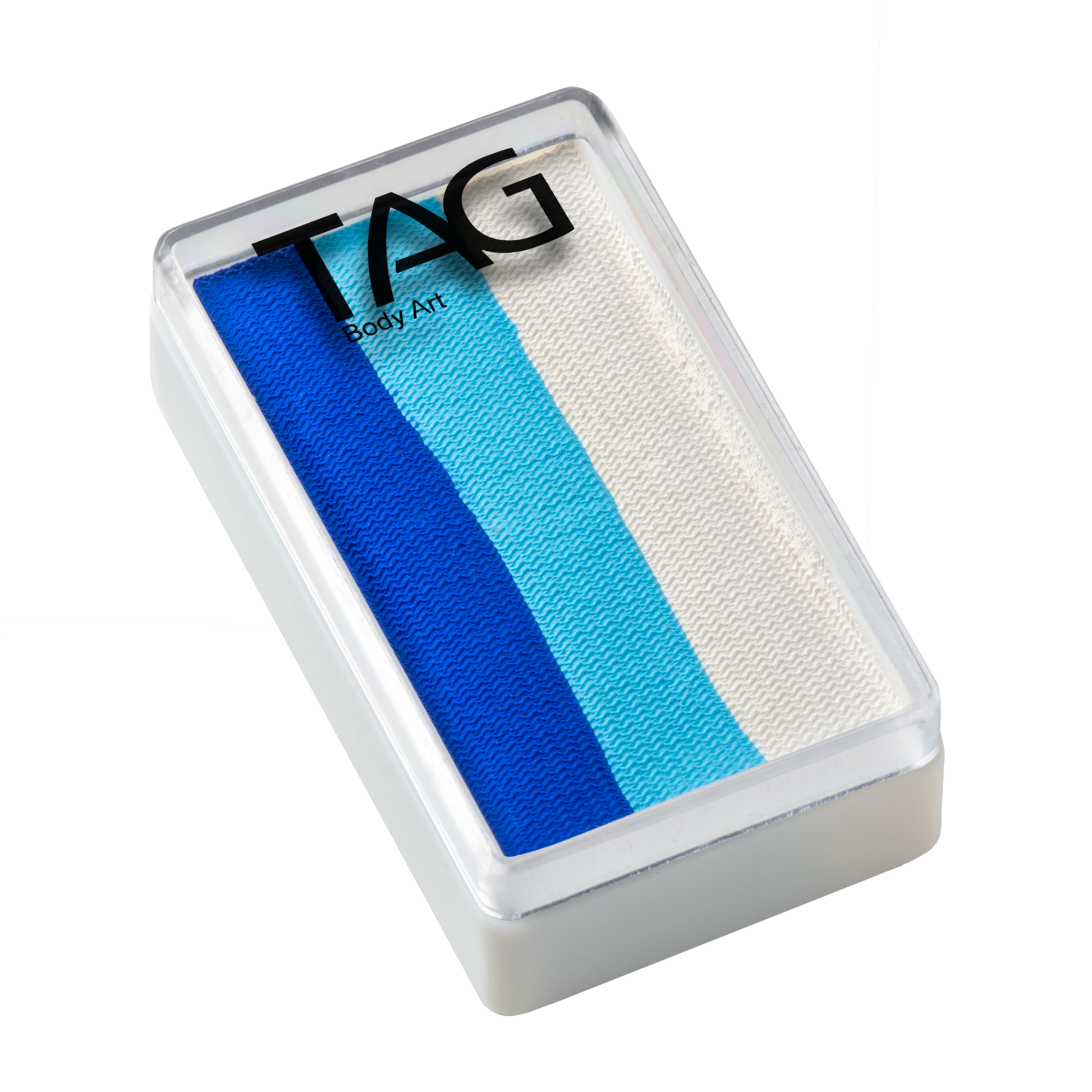 A 30g rectangular face paint container called Face Paint & Body Paint Aqua Tag - Blue Bird (One Stroke) features three horizontal stripes in dark blue, light blue, and white. The transparent lid displays the Infinityfaces brand name.