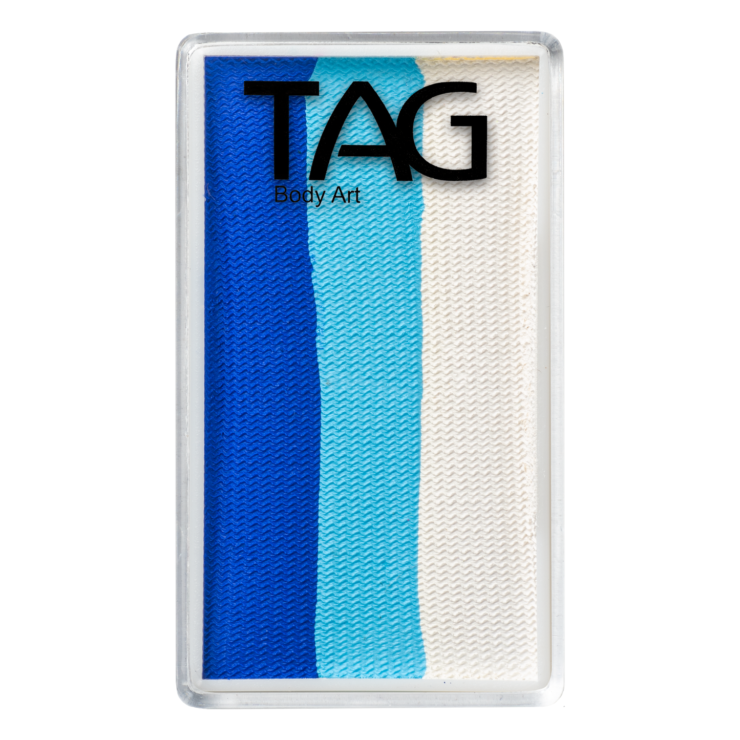 An Infinityfaces Aqua Tag face paint container features three neatly arranged vertical stripes in blue, light blue, and white, with the brand name on top.