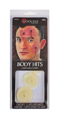 A package labeled Special Effects Prosthetics Woochie Mehron - Body Hits (3pcs) by Infinityfaces depicts a person with fake bullet wound makeup. It includes three latex appliances for special effects and is recommended for ages 14 and up.