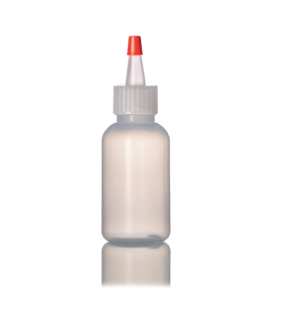 The Infinityfaces Boston Round Puffer Bottle - Tag 15ml is a small, translucent plastic squeeze bottle with a white screw cap and pointed red nozzle, shown upright on a reflective white surface.
