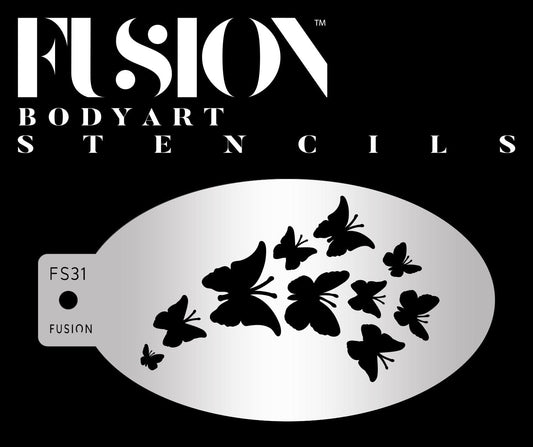 Infinity Faces Butterfly Dream Fusion Stencil Body Art features an oval design labeled FS31 with multiple butterfly cutouts. Fusion Body Art Stencils appears in bold white text on a black background at the top.