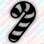 Add festive flair to your sparkly body art with the Glitter Tattoo Faketoos - Candy Cane (small) by Faketoos—a black and white striped candy cane icon set against a repeating “faketoos” pastel background, perfect for use as a unique glitter tattoo stencil.