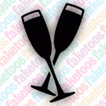 Silhouette of two champagne glasses clinking together, set against a vibrant backdrop featuring the repeated Faketoos logo, reflecting the fun and festive spirit of Faketoos Glitter Tattoo Faketoos - New Years Champagne (small).