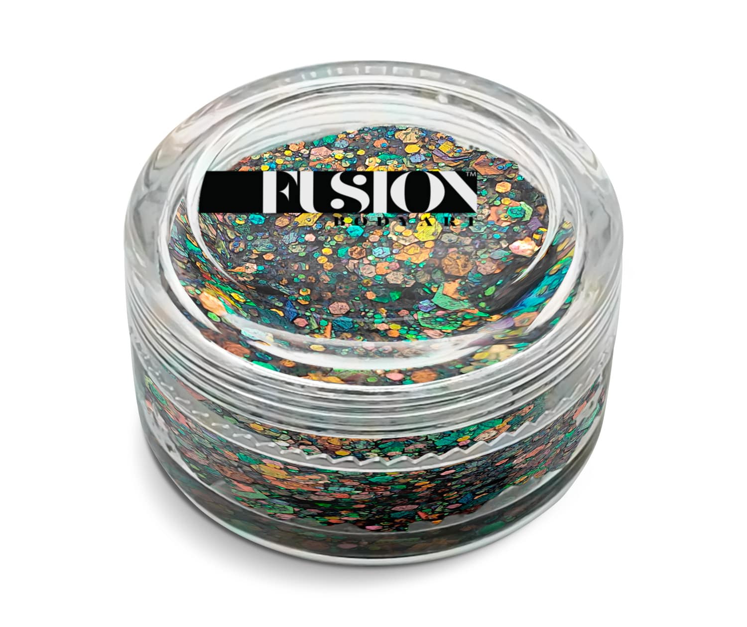 A small clear jar of Glitter Cream Fusion - Cosmic (10g) by Infinity Faces, filled with holographic, multi-colored glitter flakes. The lid features a black and white FUSION label. The jar sits against a plain white background.