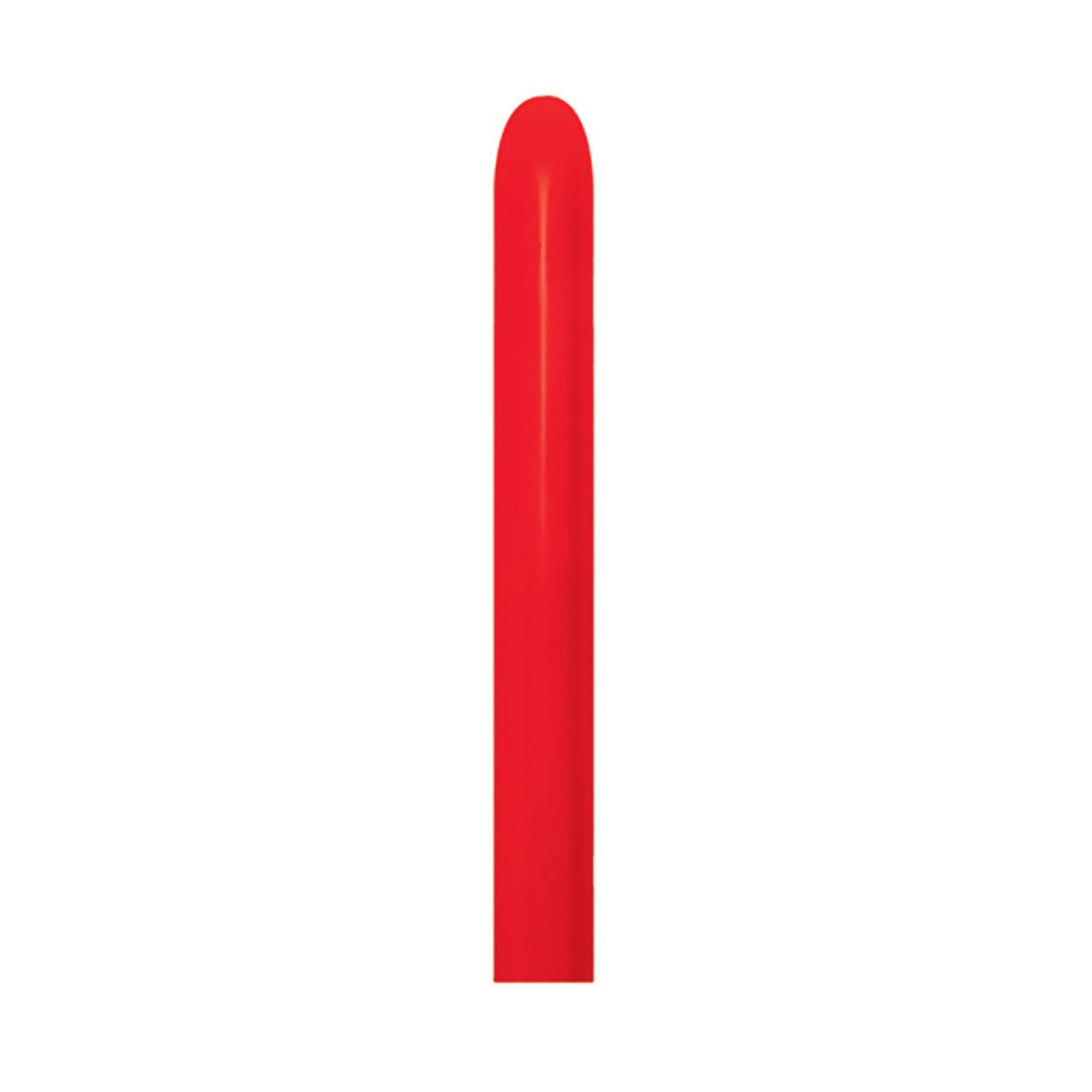 A single, upright, cylindrical red Modelling Balloon DTX (Sempertex) - Red (50/260s) by Infinityfaces, with a rounded top and flat base, made from natural latex, is displayed against a plain white background.