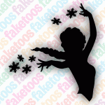 Featuring a silhouette of a person with a braid and raised arms, seemingly conjuring snowflakes, the Glitter Tattoo Faketoos - Frozen Princess (small) glitter tattoo stencil by Faketoos showcases an enchanting 2x2 inch design. The pastel background displays the word “faketoos” repeatedly, making it perfect for magical creations.