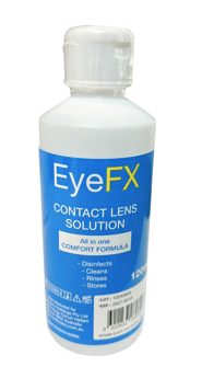 A white bottle with a blue label displays EyeFX Contact Lens Solution by Infinityfaces, offering an All in One Comfort Formula. It disinfects, cleans, rinses, and stores, available in 120ml.