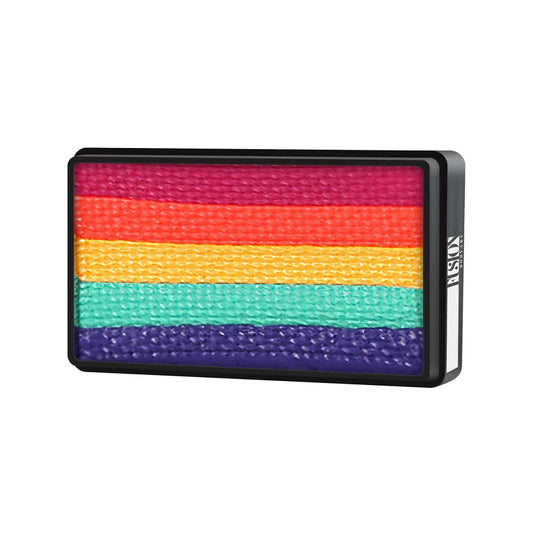 Infinityfaces Face Paint & Body Paint Aqua Fusion - Unicorn Magic One Stroke (30g) is a rectangular palette with textured horizontal red, orange, yellow, green, and purple stripes like a rainbow flag, framed by a black border.