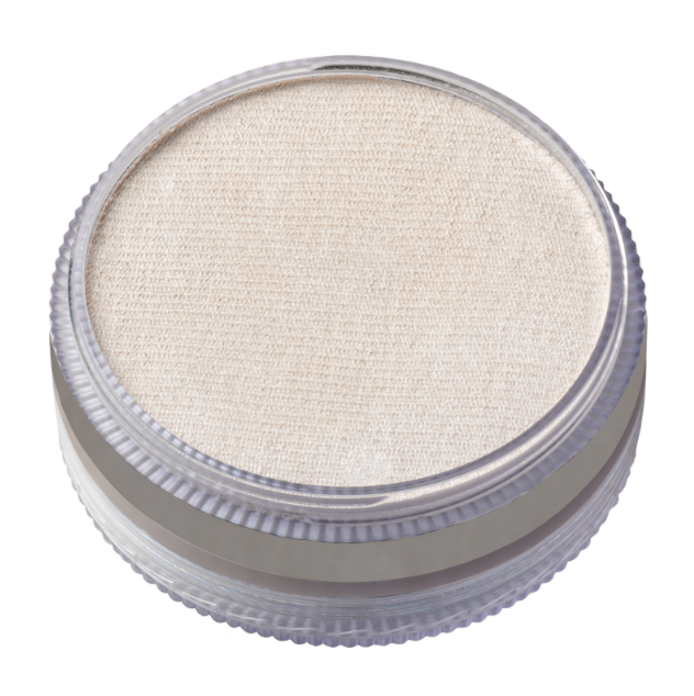 The Infinityfaces Face Paint & Body Paint Aqua Tag is a cylindrical container with ribbed edges, holding 90g of fine, smooth, Pearl White powder. It has a screw-on lid and contains a light beige substance for cosmetic or skincare use.