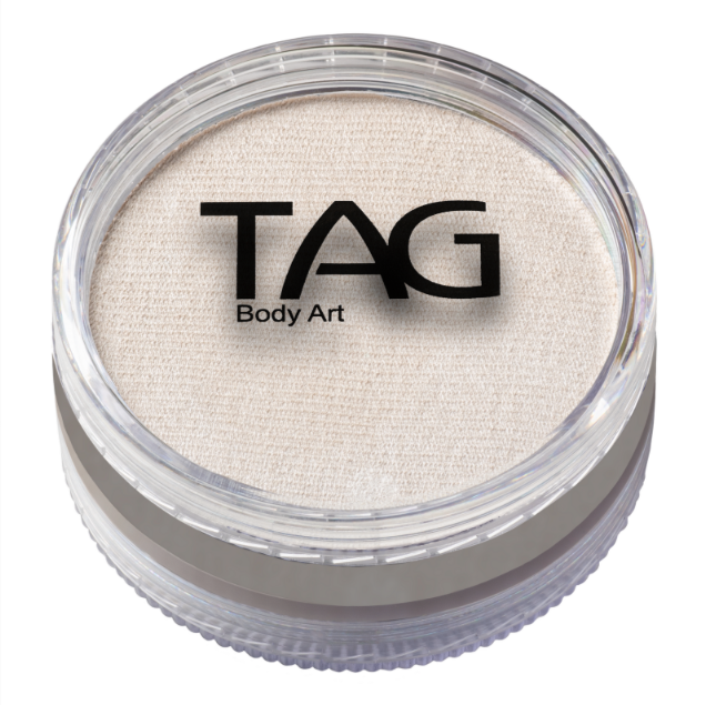 A round container of Infinityfaces Face Paint & Body Paint Aqua Tag - Pearl White (90g), featuring a clear lid with the brand logo on a white surface inside. The container has textured, ridged edges.