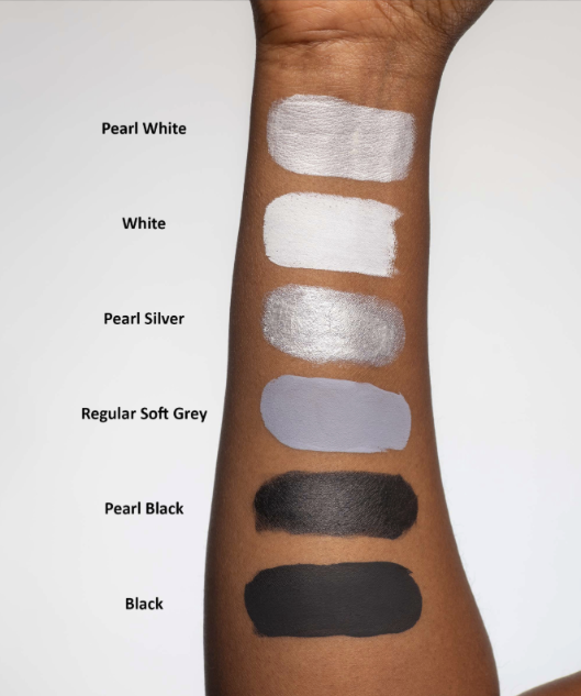 A forearm features color swatches: Pearl White, White, Pearl Silver, Regular Soft Grey, Pearl Black, and Black from top to bottom. The background is plain white. Products include Face Paint & Body Paint Aqua Tag - Pearl White (90g) by Infinityfaces.