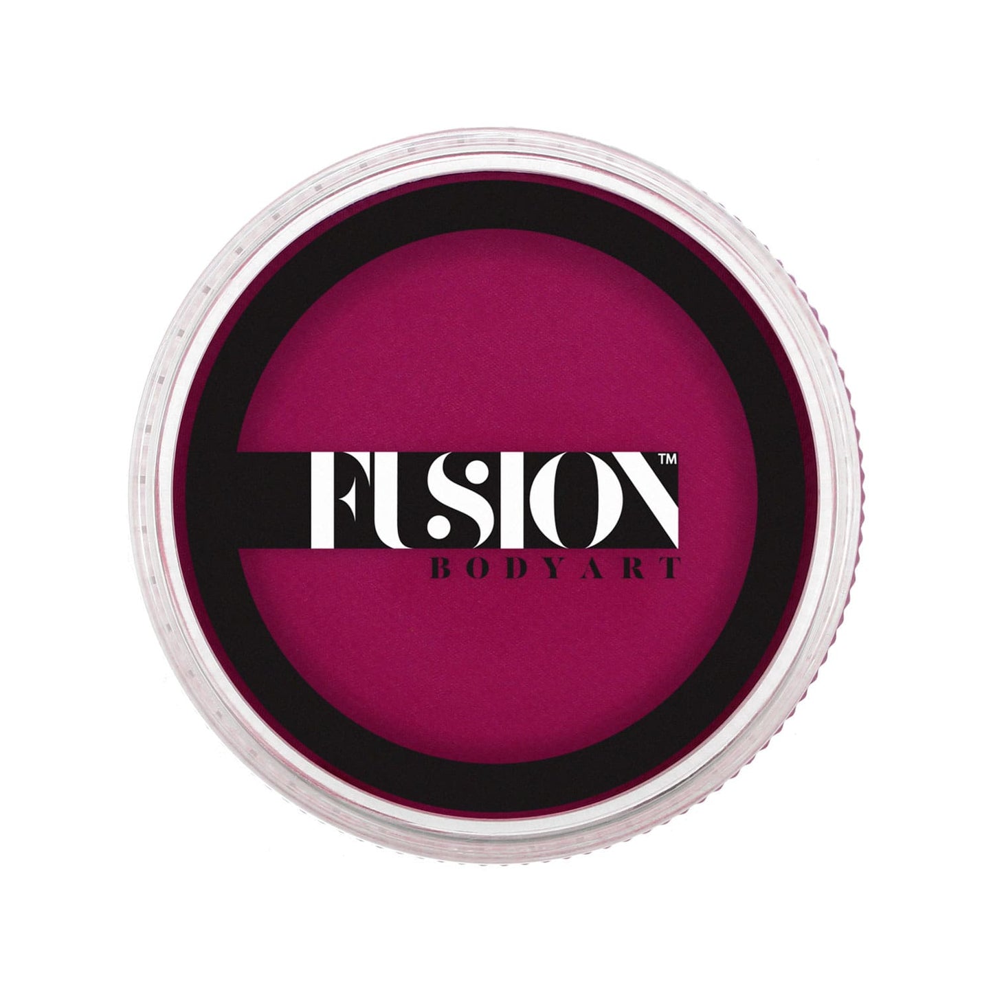 A round container of Infinity Faces Face Paint & Body Paint aqua Fusion - Prime Magic Magenta (32g) with a transparent lid revealing dark maroon color inside. The lid displays the Fusion Body Art logo in bold black and white.