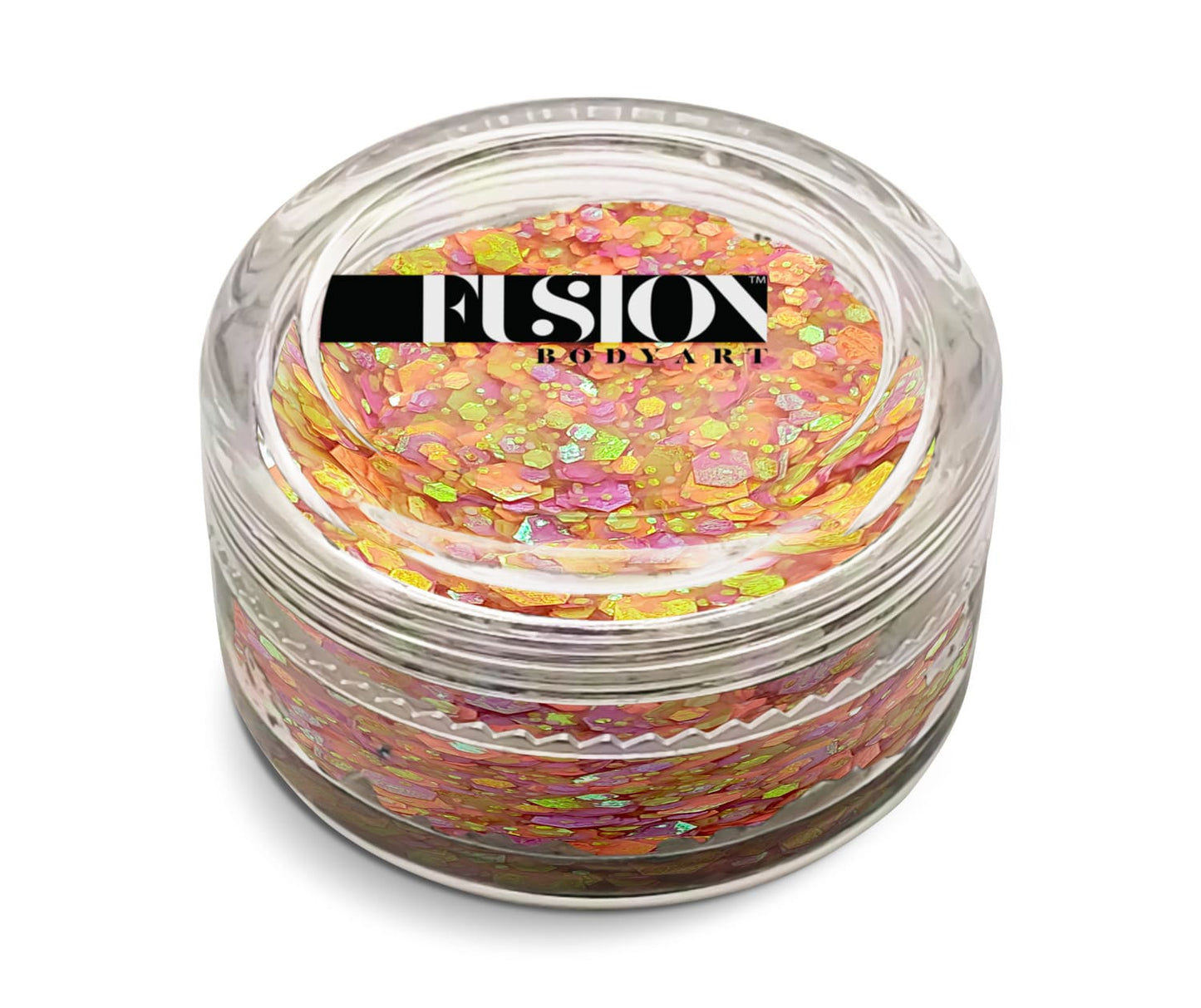 A clear glass jar of Infinity Faces Glitter Cream Fusion - Fairy Sprinkles UV (10g), filled with iridescent pink and orange glitter flakes, topped with a black and white label.