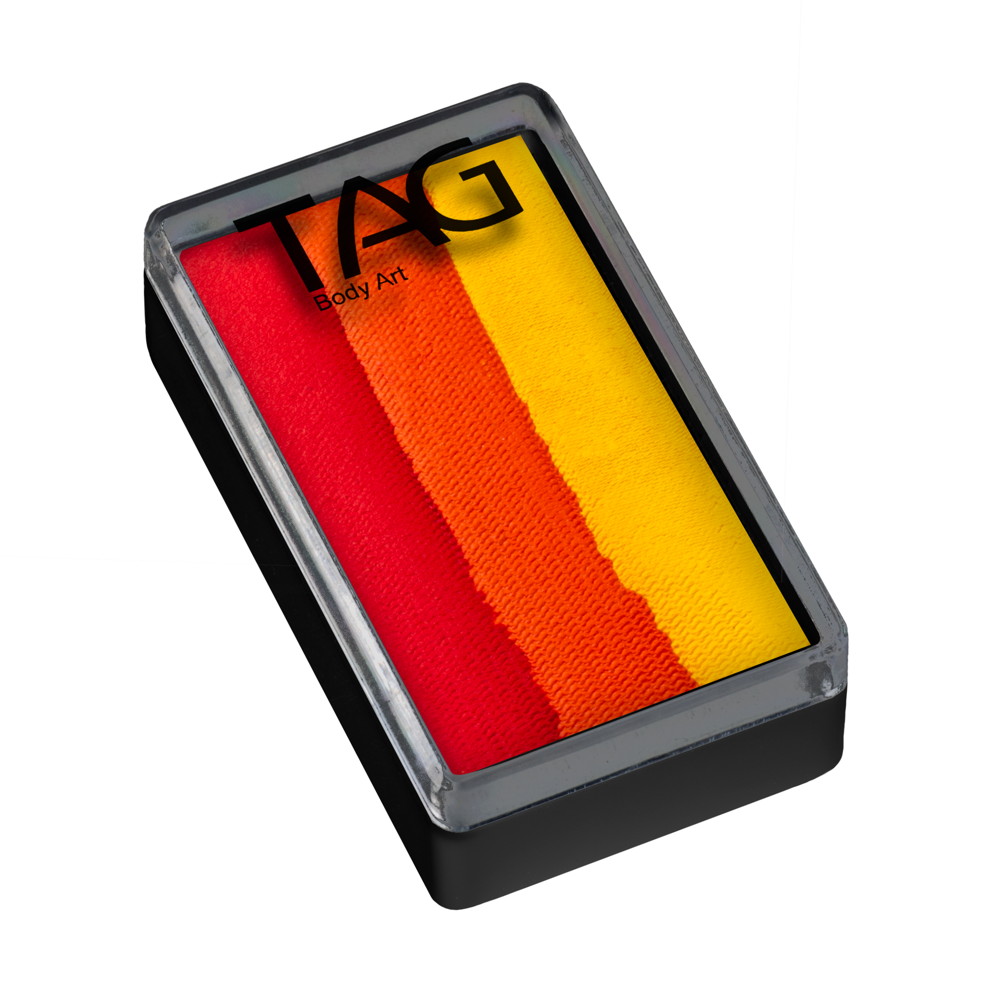 The Infinityfaces Face Paint & Body Paint Aqua - Flame One Stroke (30g) features a rectangular design with horizontal red, orange, and yellow stripes. The clear lid displays the TAG logo at the top left corner.