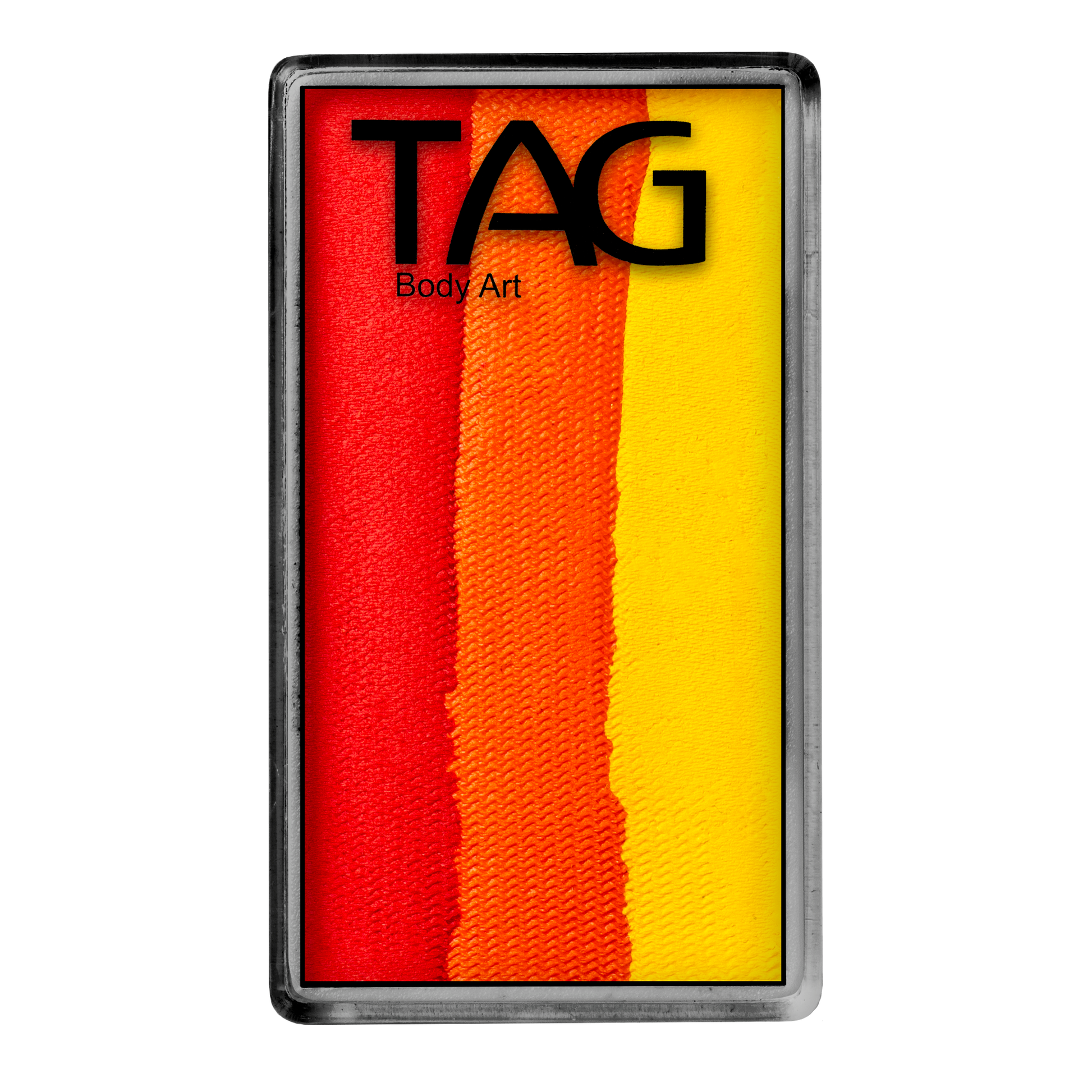 The Infinityfaces Face Paint & Body Paint Aqua - Flame One Stroke (30g) features three vertical stripes of red, orange, and yellow face paint in a rectangular metal palette.