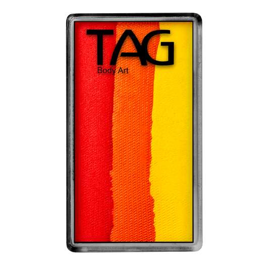 The Infinityfaces Face Paint & Body Paint Aqua - Flame One Stroke (30g) features three vertical stripes of red, orange, and yellow face paint in a rectangular metal palette.