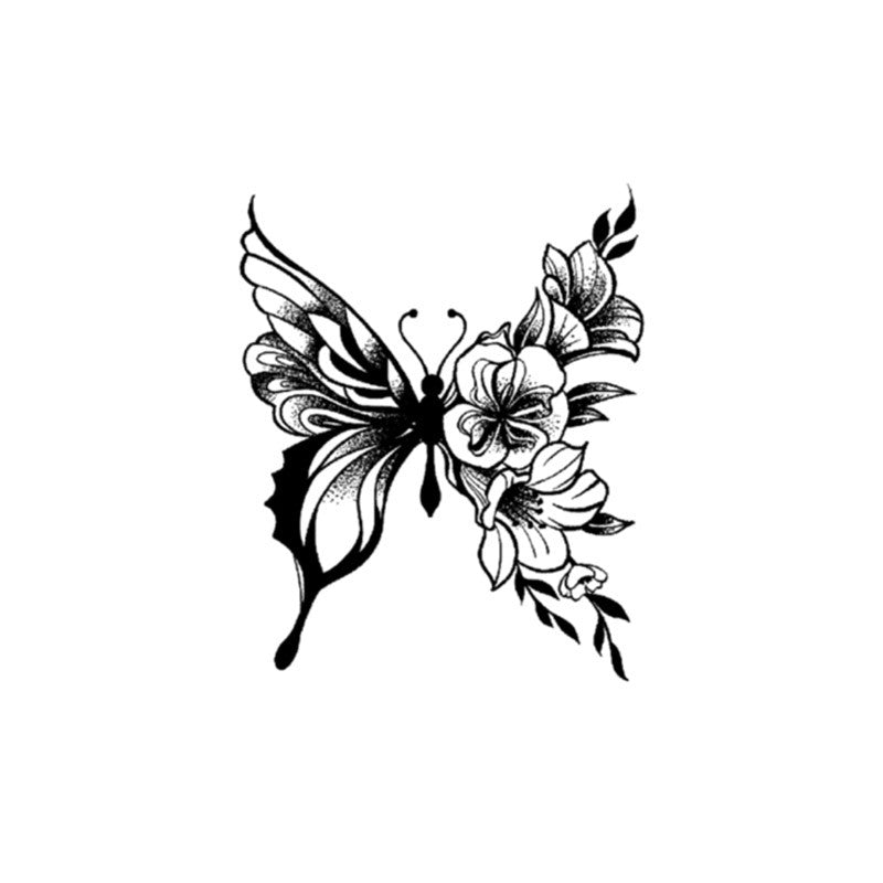 The Temporary Herbal Tattoo - Flower Butterfly by Infinityfaces features a black-and-white butterfly design with floral motifs on its right wing, blending seamlessly into its shape on a plain background, making it an ideal inspiration for skin-safe body art.