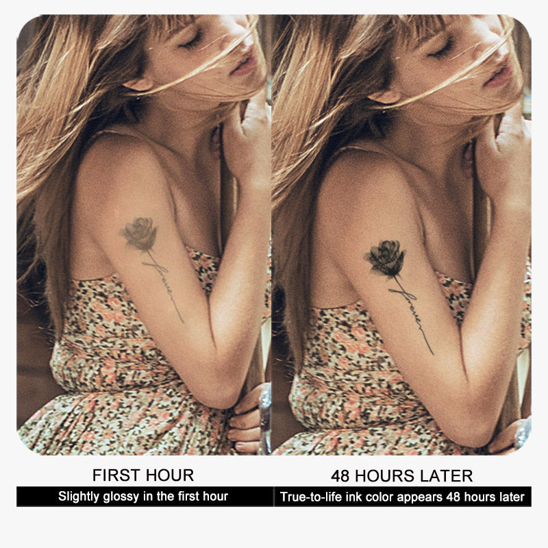A side-by-side comparison of the floral Temporary Herbal Tattoo - Forever Love by Infinityfaces shows the fresh tattoo on the left, slightly glossy, versus the right image 48 hours later with vibrant, true-to-life black ink. A woman with long hair in a floral dress highlights her temporary tattoo transformation.