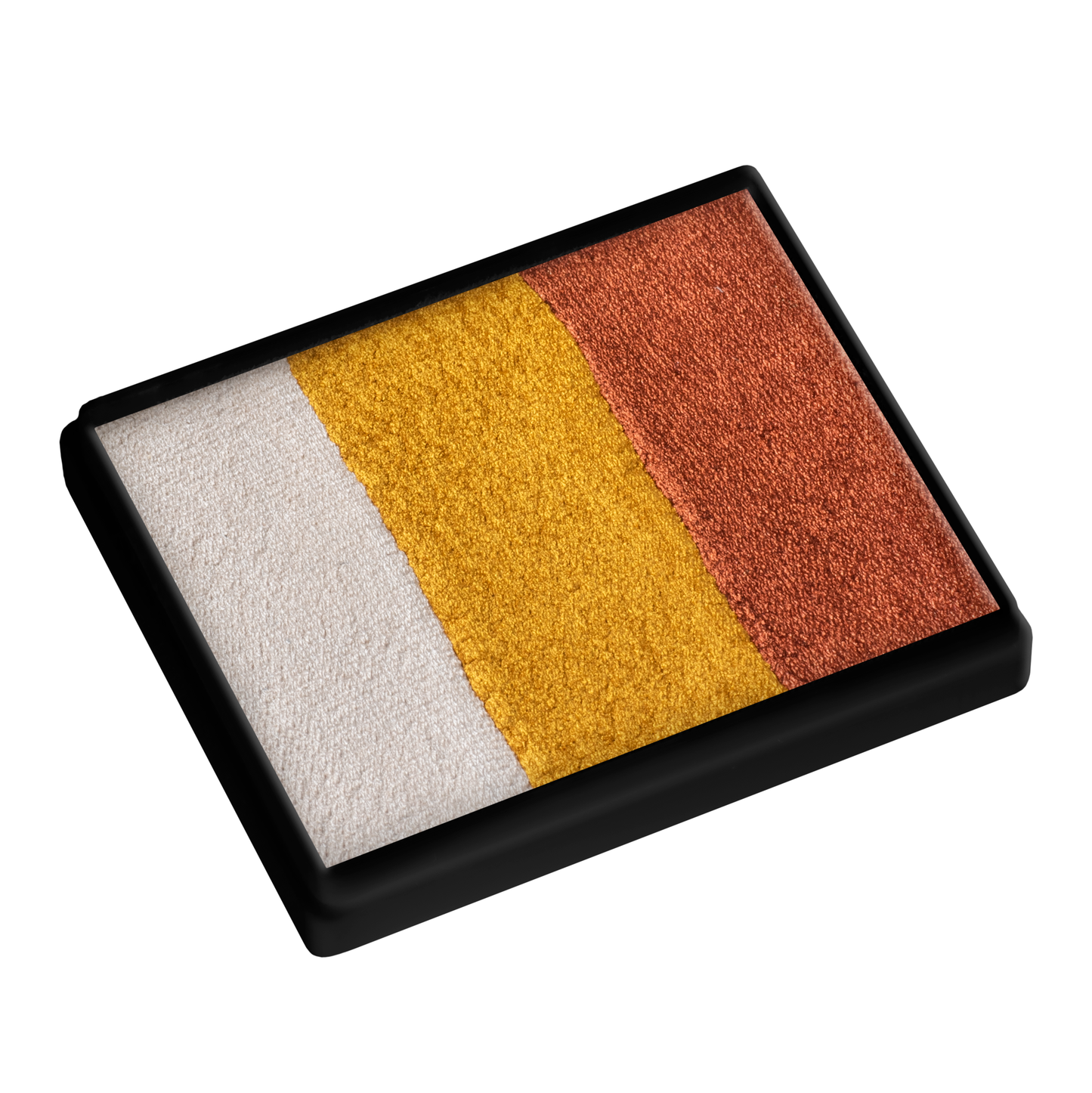 The Infinityfaces Face Paint & Body Paint Aqua - Foxy Split Cake (50g) features three textured color sections—white, yellow, and orange—in a black tray. Ideal for creating gradient effects and vibrant body art or craft projects.