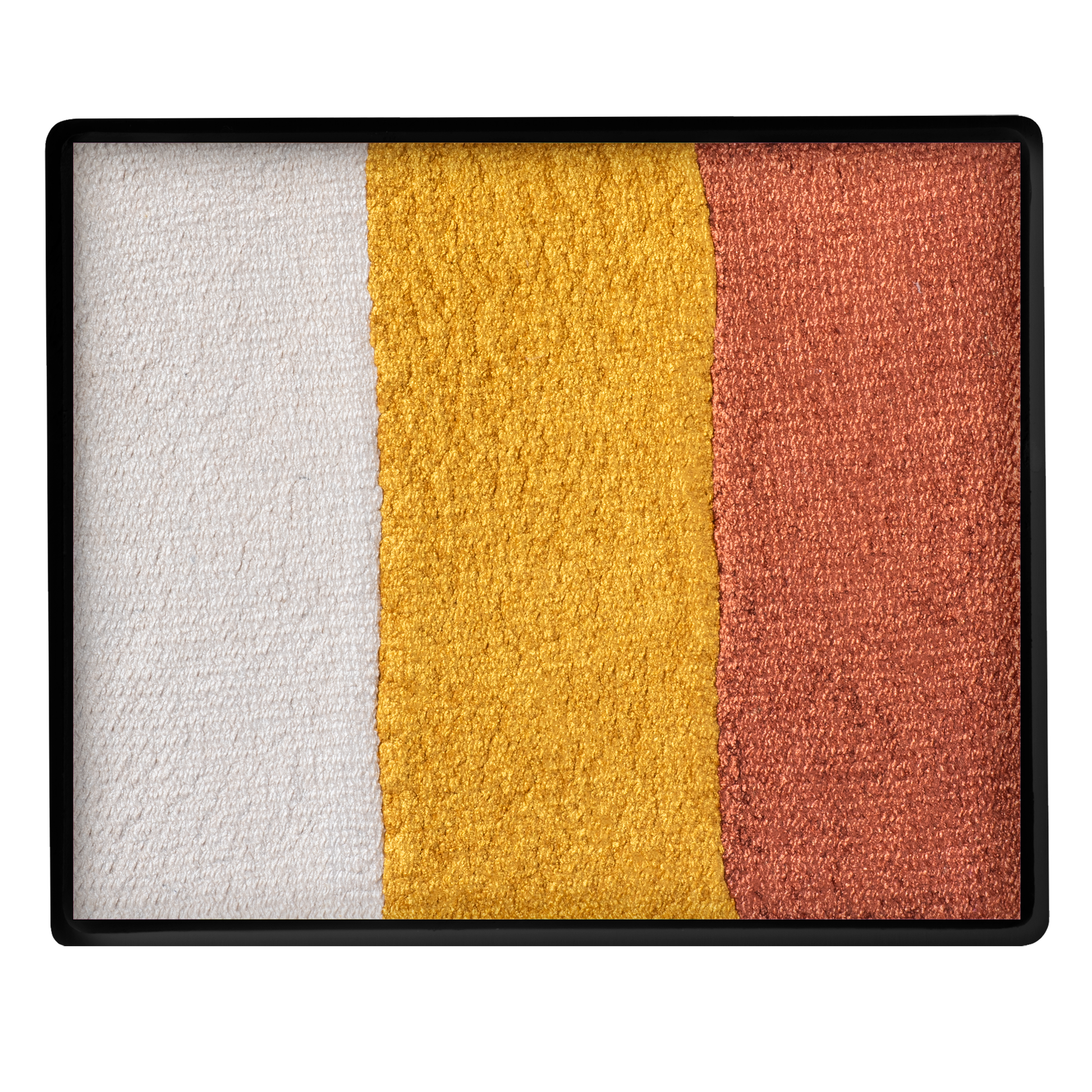 The Infinityfaces Face Paint & Body Paint Aqua - Foxy Split Cake (50g) features three vertical stripes—white, gold, and bronze—in a sleek black case, offering a versatile palette for bold face and body art.