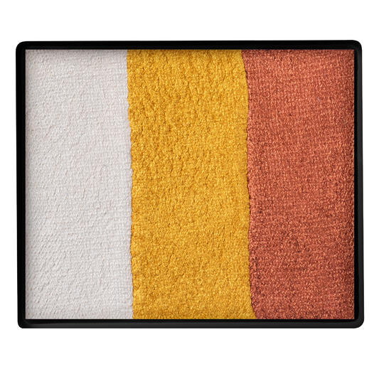 The Infinityfaces Face Paint & Body Paint Aqua - Foxy Split Cake (50g) features three vertical stripes—white, gold, and bronze—in a sleek black case, offering a versatile palette for bold face and body art.