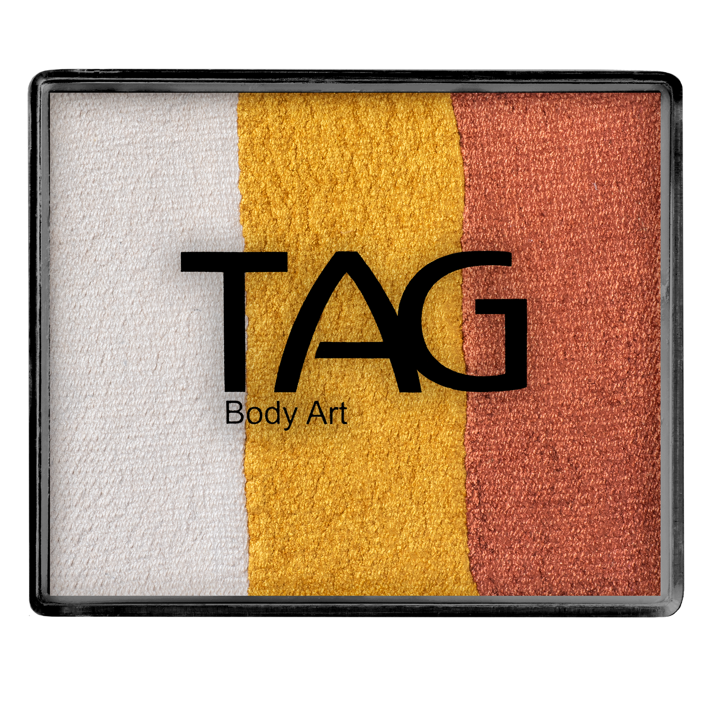 A rectangular Infinityfaces Face Paint & Body Paint Aqua - Foxy Split Cake (50g) by Tag features three vertical stripes—white, yellow, and metallic orange—viewed from above.