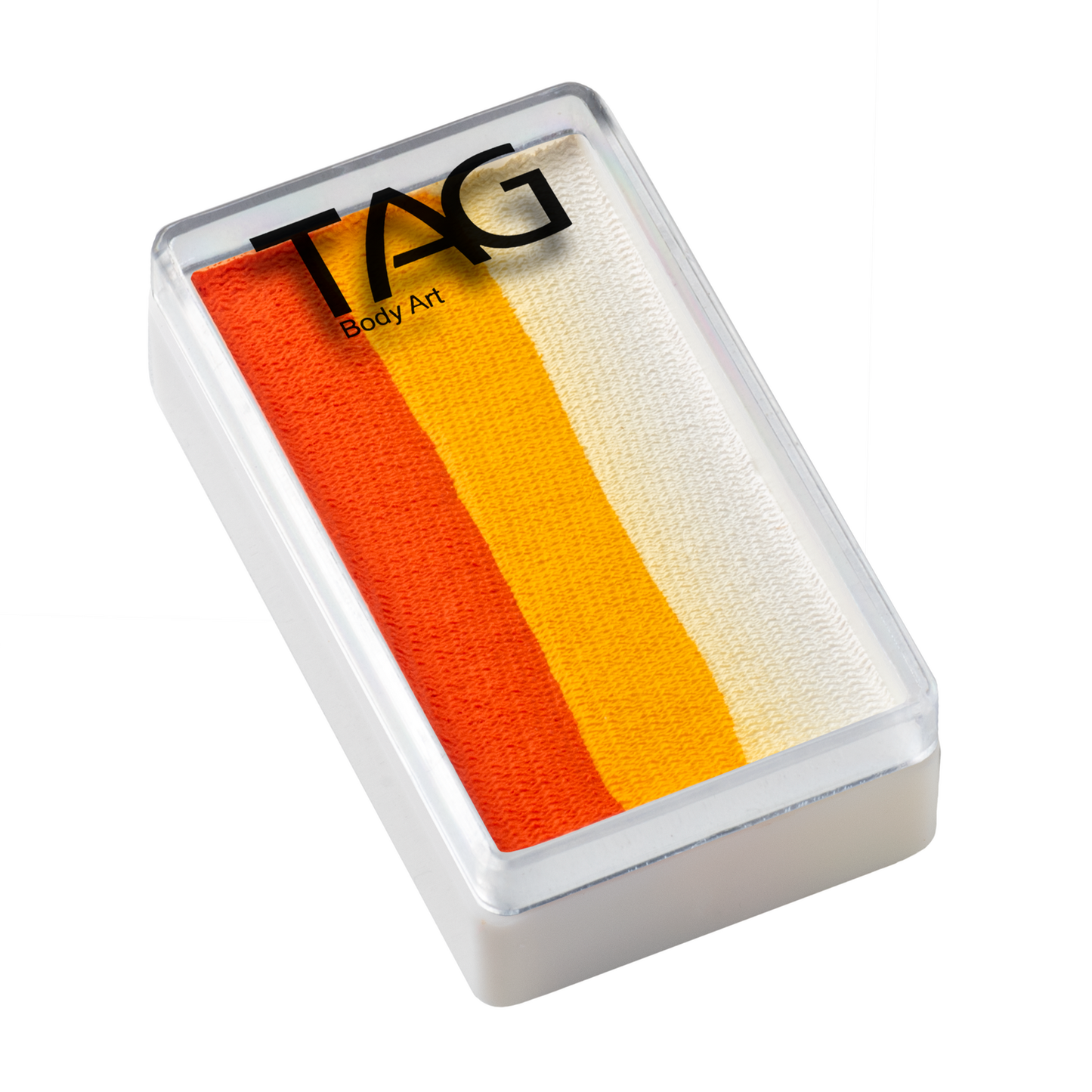 Box of TAG body art paint with orange, yellow, and white stripes on a white background