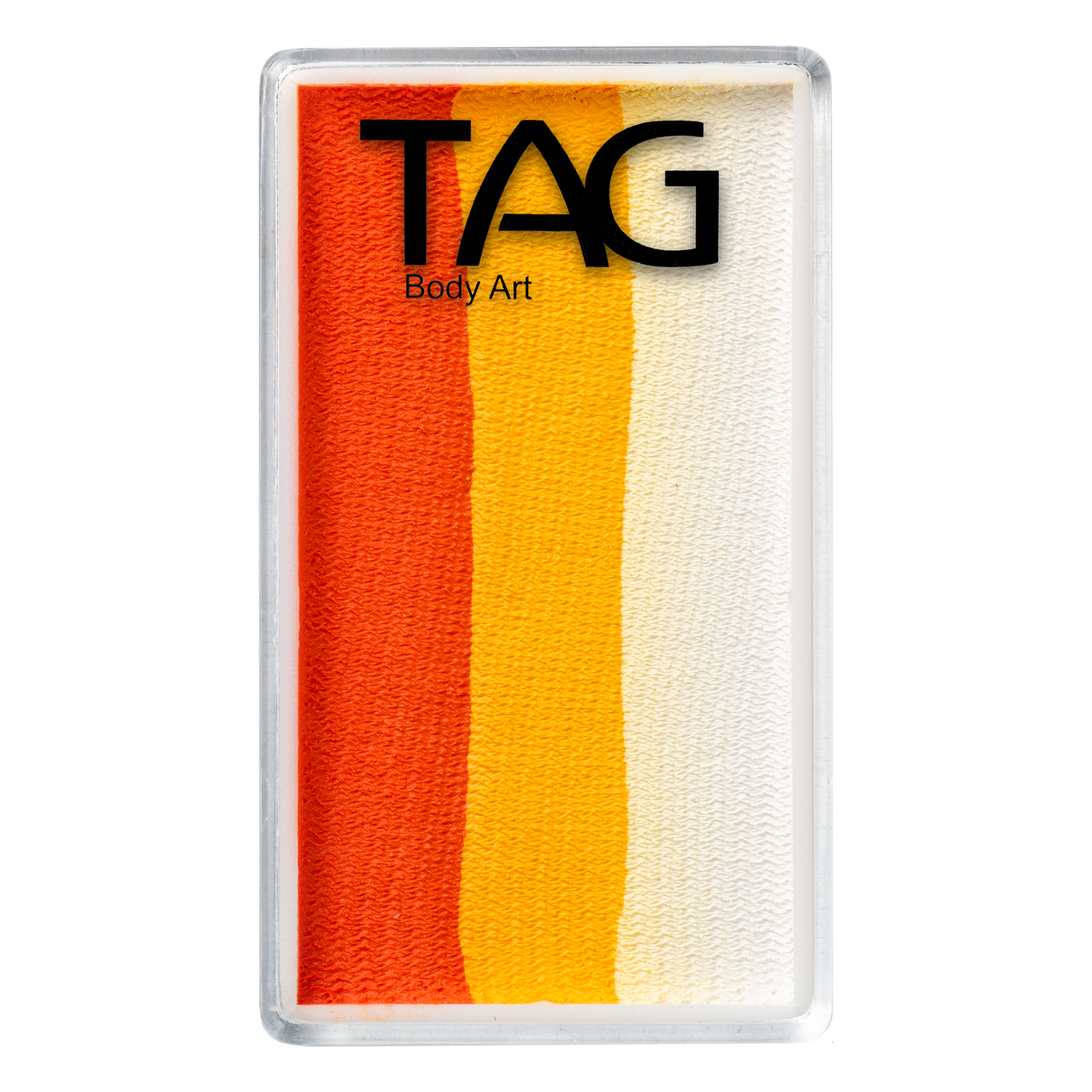 TAG Body Art color swatch with orange, yellow, and white stripes on a white background