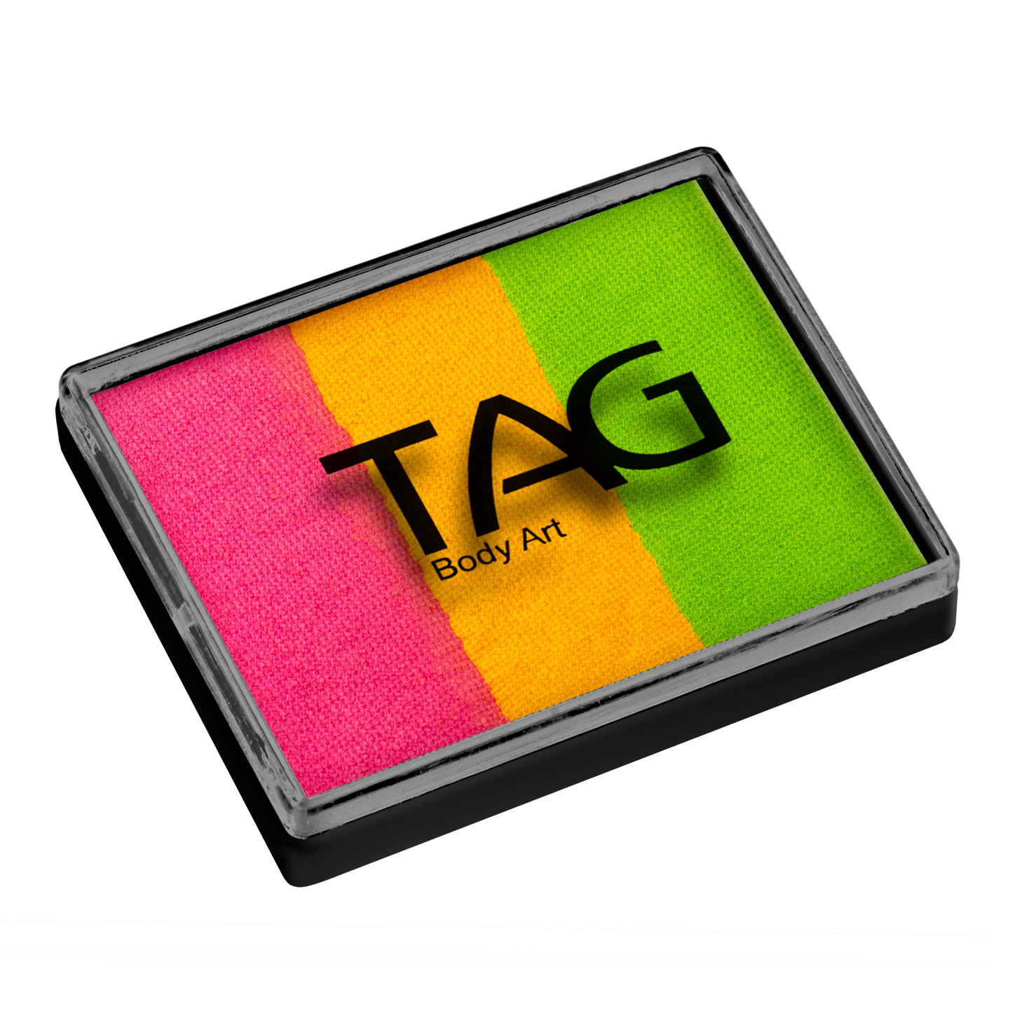 The Infinityfaces Face Paint & Body Paint Aqua - Golden Plum Split Cake (50g) features three vibrant stripes—pink, yellow, and green—in a sleek black case, perfect for adding bold color to your face and body art designs.