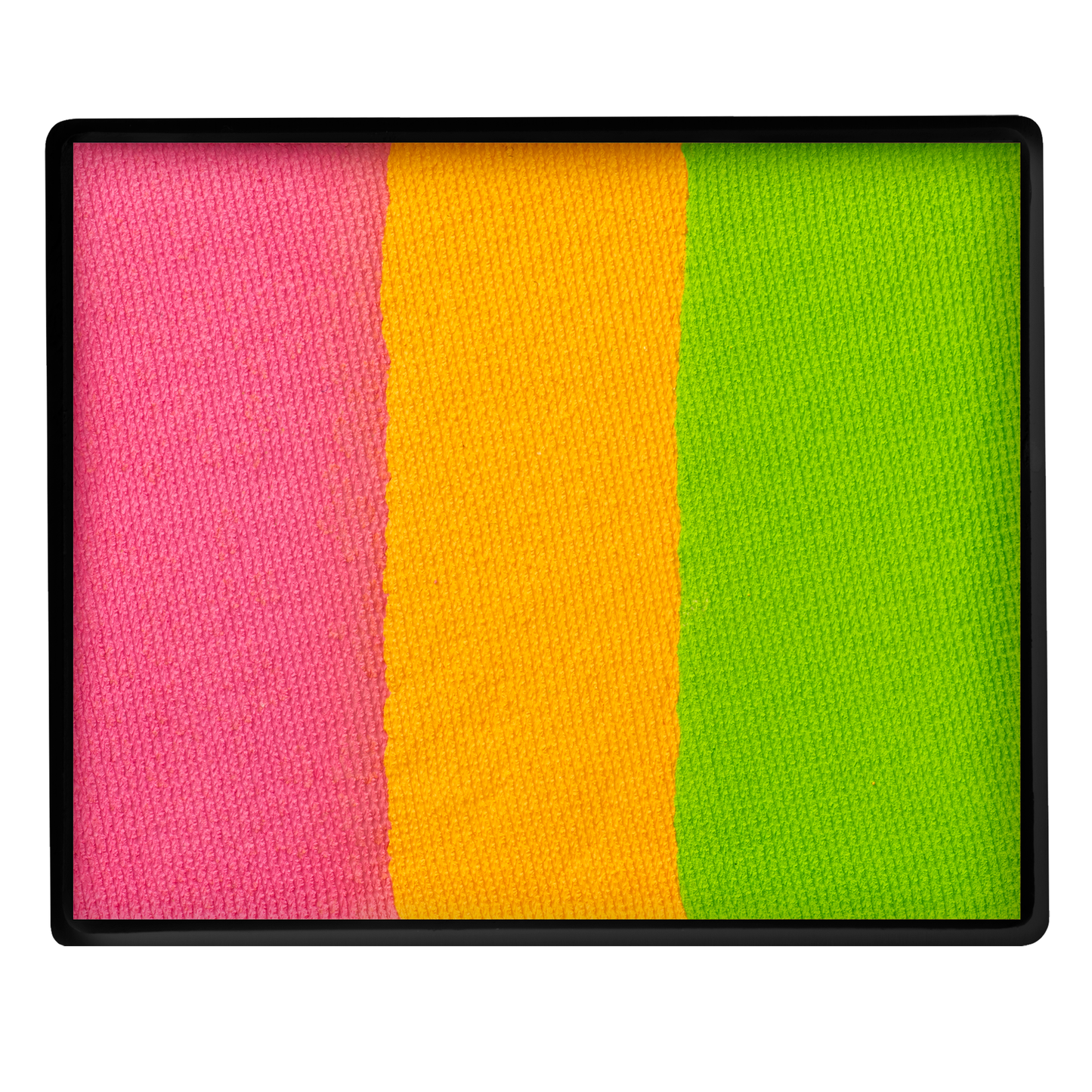 The Infinityfaces Face Paint & Body Paint Aqua - Golden Plum Split Cake (50g) features a rectangular palette with three vertical, textured sections in pink, orange-yellow, and lime green—ideal for adding vibrant color to any makeup look.