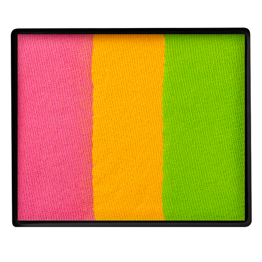 The Infinityfaces Face Paint & Body Paint Aqua - Golden Plum Split Cake (50g) features a rectangular palette with three vertical, textured sections in pink, orange-yellow, and lime green—ideal for adding vibrant color to any makeup look.