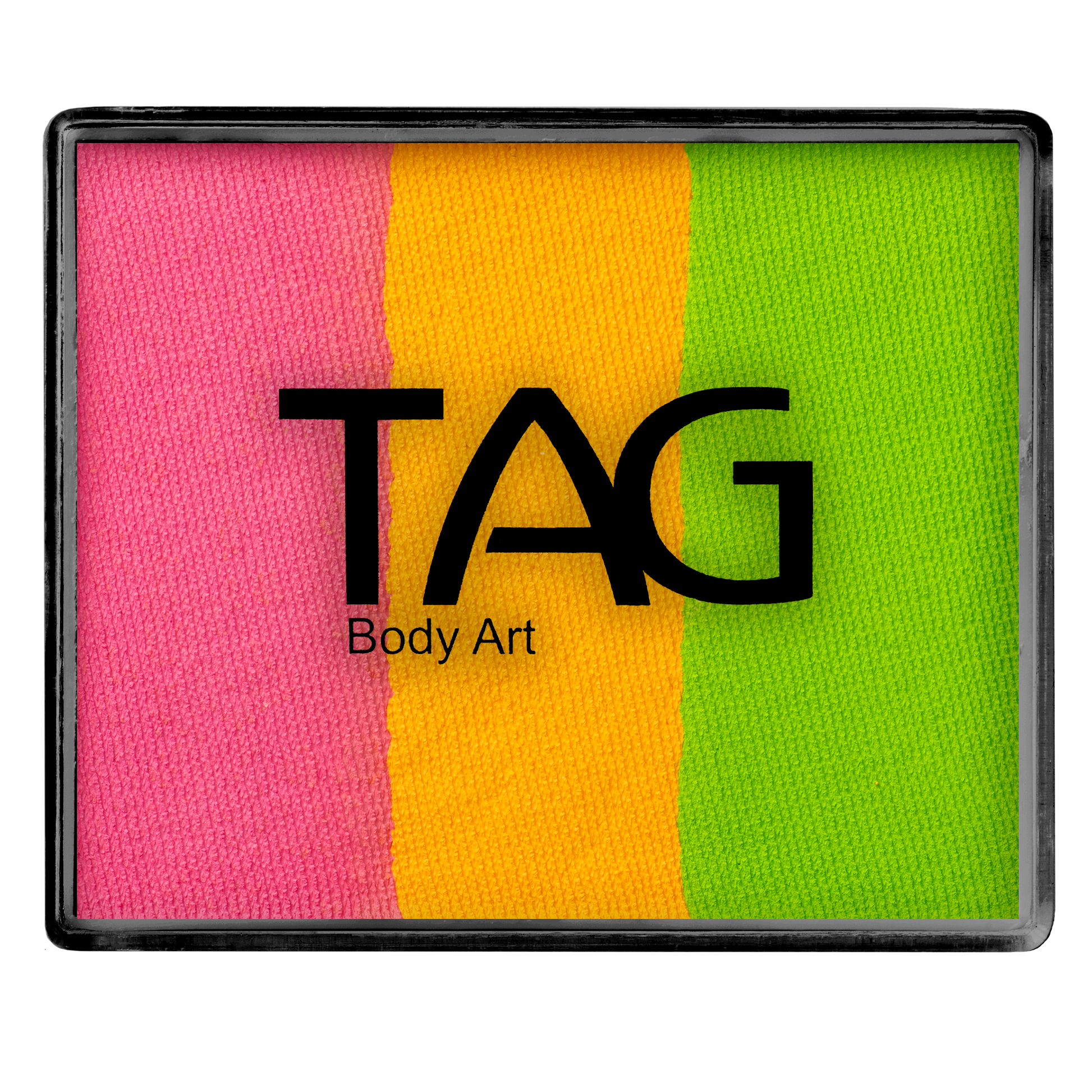 A rectangular 50g Infinityfaces Face Paint & Body Paint Aqua - Golden Plum Split Cake features three vertical pink, yellow, and green stripes with the TAG Body Art logo in black for a vibrant, professional finish perfect for any event.
