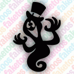 A playful cartoon ghost with a top hat raises its hands and curls its fingers against a vibrant background of multicolored, repeating “Faketoos” text—capturing the fun, sparkly spirit of the Faketoos Glitter Tattoo Faketoos - Ghost (small) by Faketoos.