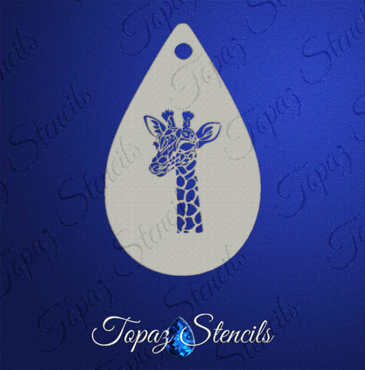 The Infinityfaces Topaz Stencil - Giraffe features a teardrop-shaped outline of a giraffes head and upper neck on a blue background, with Topaz Stencils displayed at the bottom.