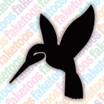 The Glitter Tattoo Faketoos - Hummingbird (small) by Infinity Faces features a left-facing hummingbird silhouette with wings raised, set against a background repeating "fakettoos" in pastel shades—perfect for use as a 2x2 inch glitter tattoo stencil or tattoo stencil.