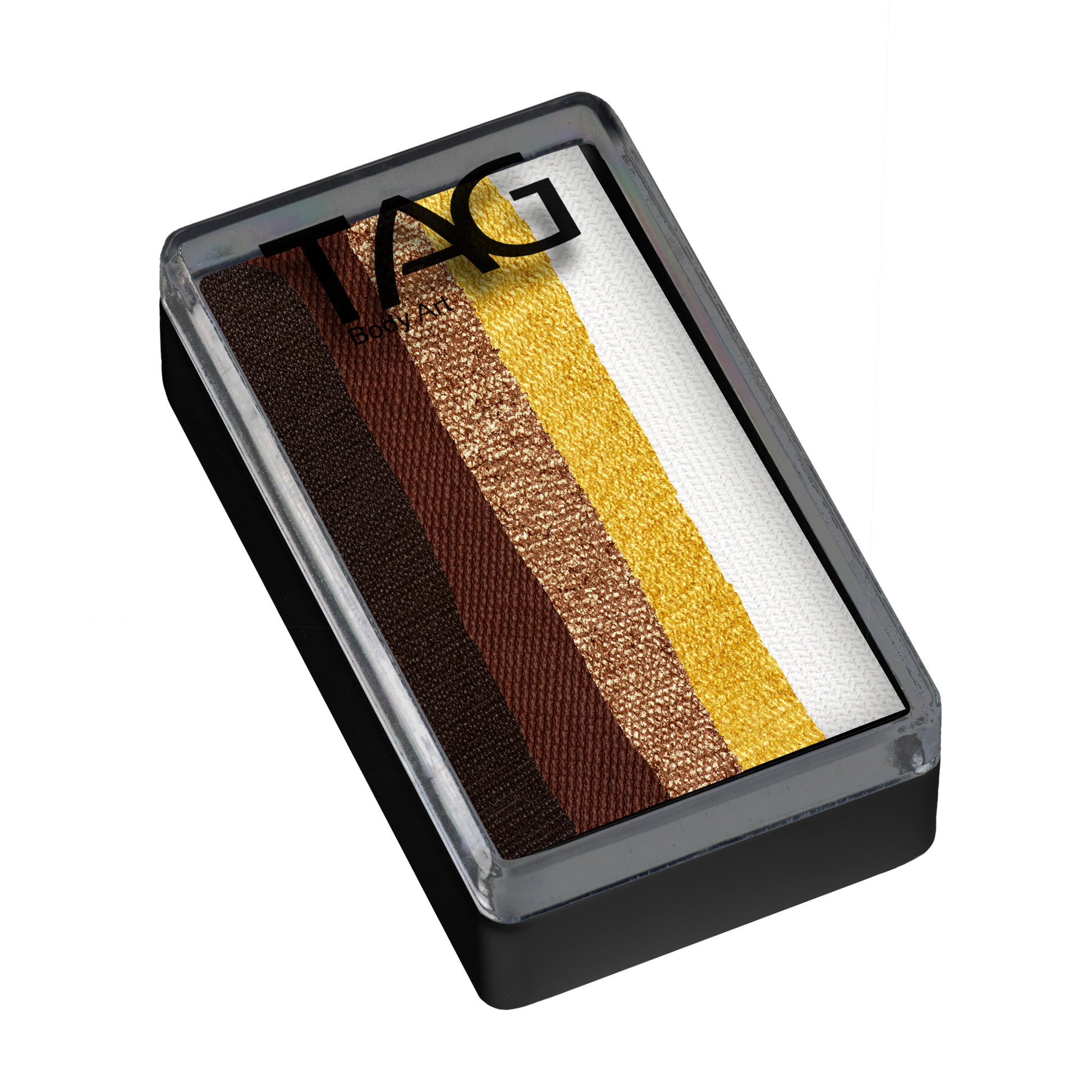 Infinityfaces Face Paint & Body Paint Aqua - Golden Earth One Stroke (30g) features five horizontal face paint stripes—black, dark brown, copper, gold, and white—in a clear TAG-labeled rectangular case.