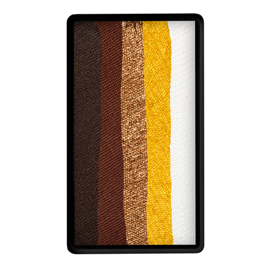 Infinityfaces Face Paint & Body Paint Aqua - Golden Earth One Stroke (30g) features five vertical stripes in dark brown, medium brown, bronze, gold, and white, each with unique shimmer or matte finishes.