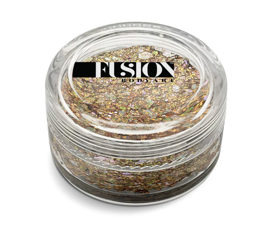 A clear glass jar filled with chunky, multi-colored holographic glitter labeled Infinity Faces on the lid contains Glitter Cream Fusion - Golden Fairy UV (10g).