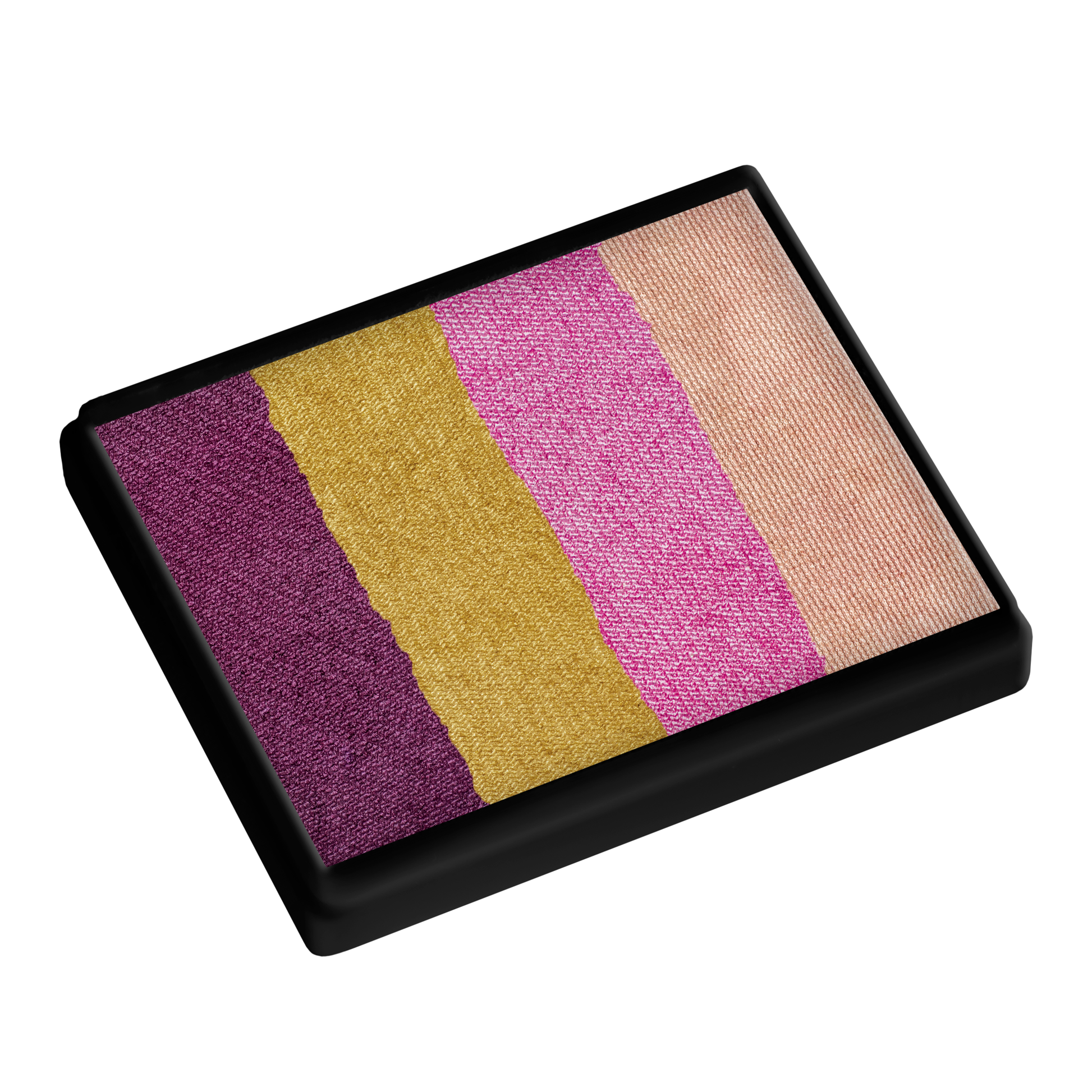 Infinityfaces Face Paint & Body Paint Aqua - Golden Plum Split Cake (50g) features four shimmery powder shades—purple, gold, pink, and beige—in vertical stripes, presented in a black tray on a white background.