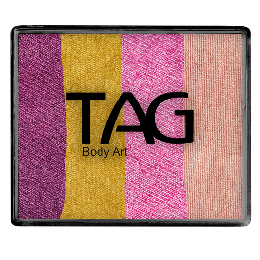 Infinityfaces Face Paint & Body Paint Aqua - Golden Plum Split Cake (50g) features four vibrant vertical stripes—purple, yellow, pink, and peach—ideal for colorful face and body art. TAG Body Art is printed at the center.