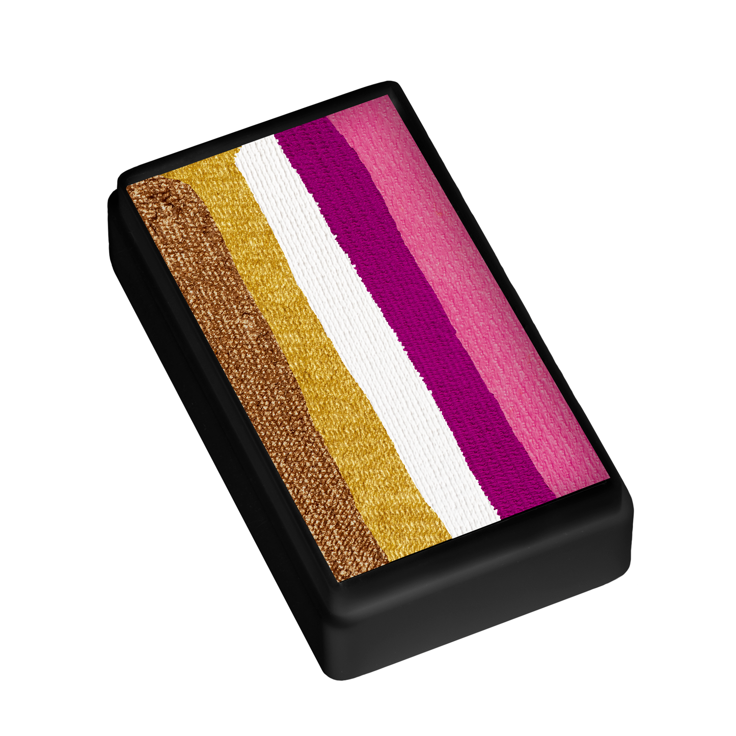 Infinityfaces Face Paint & Body Paint Aqua - Golden Rose One Stroke (30g, Tag) features five horizontal stripes—brown, gold, white, magenta, and pink—in a black rectangular case.