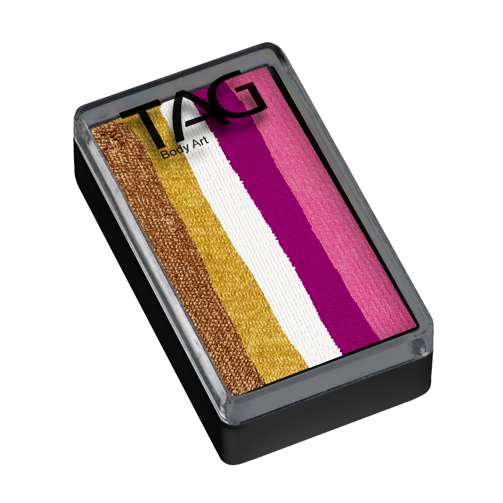 The Infinityfaces Face Paint & Body Paint Aqua - Golden Rose One Stroke (30g) features five horizontal metallic stripes—copper, yellow, white, magenta, and dark pink—in a rectangular case with a clear lid bearing the TAG logo.