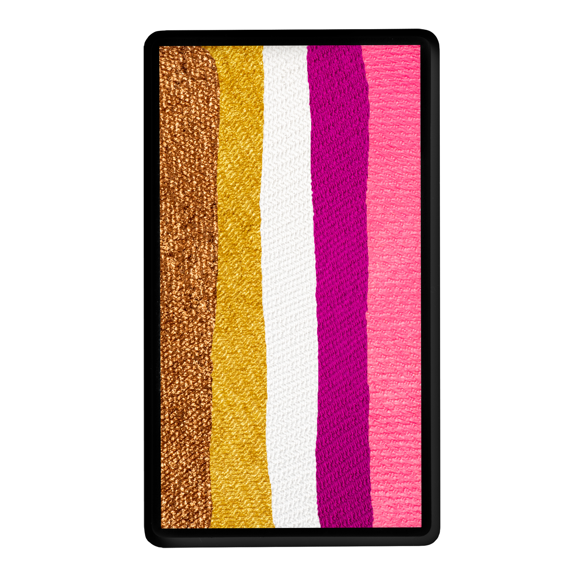 The Infinityfaces Face Paint & Body Paint Aqua - Golden Rose One Stroke (30g) by Tag displays six vertical, textured stripes in brown, orange, yellow, white, magenta, and pink on a rectangular palette.