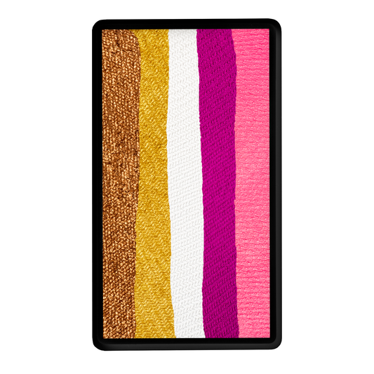 The Infinityfaces Face Paint & Body Paint Aqua - Golden Rose One Stroke (30g) by Tag displays six vertical, textured stripes in brown, orange, yellow, white, magenta, and pink on a rectangular palette.