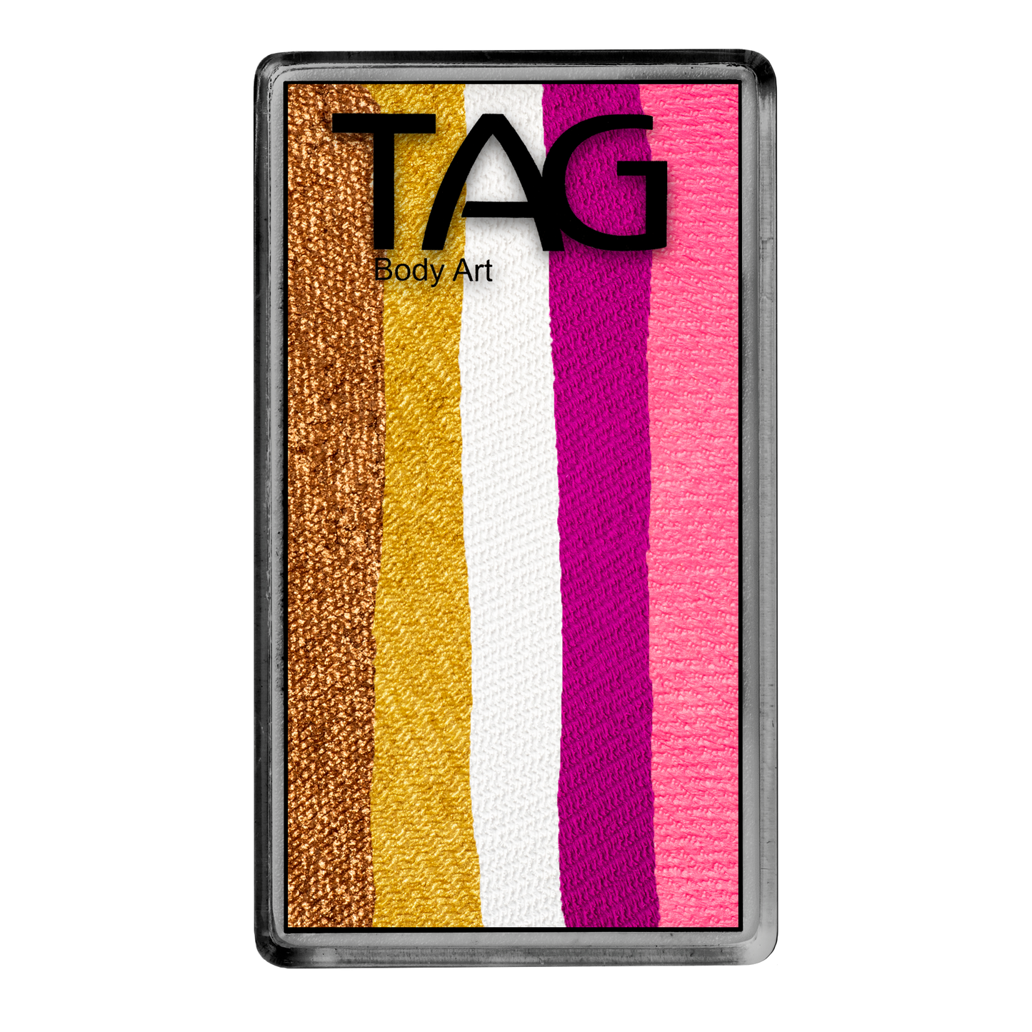 The Infinityfaces Face Paint & Body Paint Aqua - Golden Rose One Stroke (30g) features five vertical stripes in gold, bronze, white, magenta, and pink. The TAG Body Art logo is printed at the top of the rectangular palette.