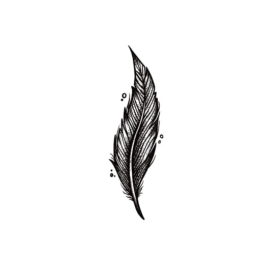 The Temporary Herbal Tattoo - Feather by Infinityfaces is a black and white illustration featuring a detailed feather with decorative dots on a plain white background.