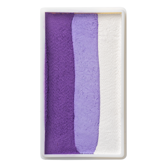 The Infinityfaces Face Paint & Body Paint Aqua Tag - Iris (One Stroke) (30g) features a creamy rectangular palette with three vertical strips of dark purple, light lavender, and white in a sleek white case.