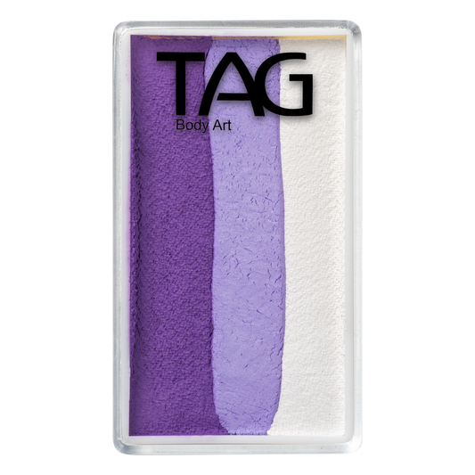 A rectangular Infinityfaces container with dark purple, light purple, and white vertical stripes of Aqua Tag Iris body paint (30g).