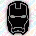 Showcase your Marvel fandom with the Faketoos Glitter Tattoo Faketoos - Iron Man 2 (small): a striking outline of a stylized Iron Man helmet in silver on a black background, set against repeated colorful “faketoos” lettering. Perfect for bold body art stencils or creating an eye-catching sparkle temporary tattoo.